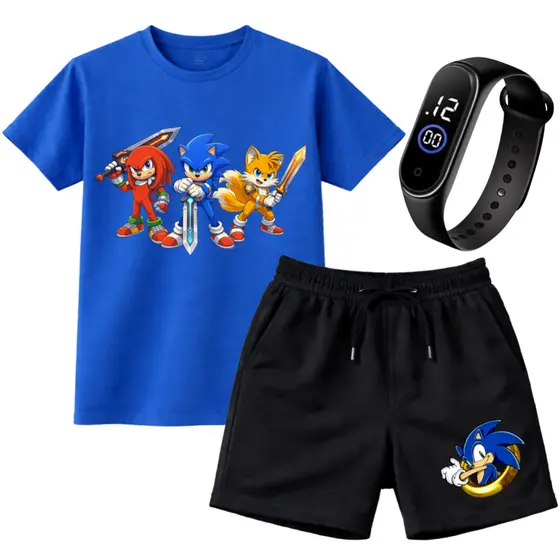 Conjunto Infantil Sonic Camisa e Short + Relógio Brinde Alta Qualidade