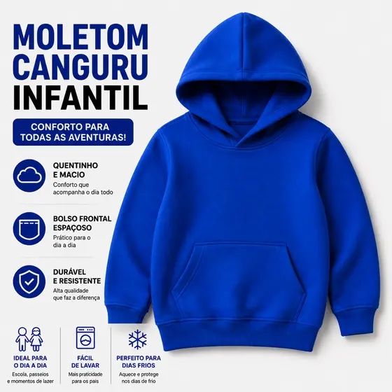 Moletom Infantil Canguru Azul Royal Liso Com Capuz e Bolso