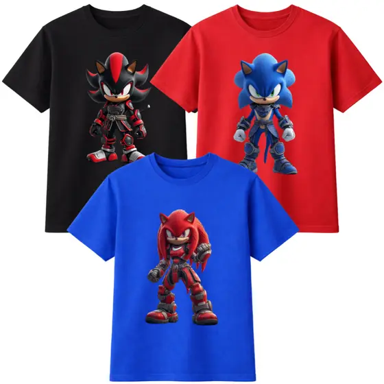 Kit 3 Camisetas Infantil Masculina Sonic, Shadow e Knuckles Estampadas – Cores Variadas