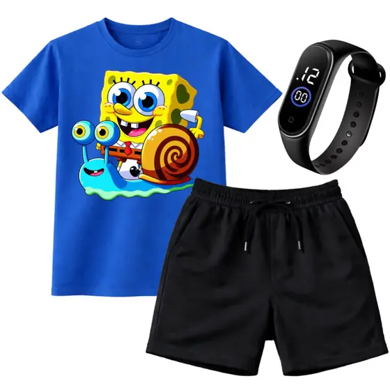 Kit Infantil Bob Esponja Menino Camiseta Estampada + Bermuda + Relógio de Brinde