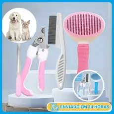Kit 4 Itens Higiene Completo para Cães e Gatos - Essenciais Escova Pente Anti-Pulgas Cortador Lixa