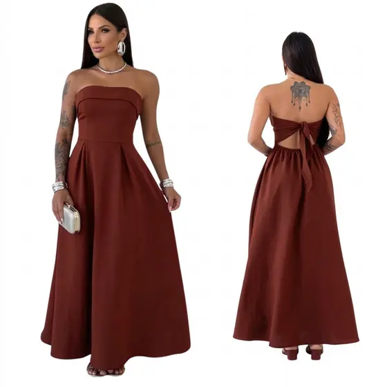 Vestido Longo Tomara que Caia Feminino | Alfaiataria Premium | Laço nas Costas | Elegante para Festa, Casamento