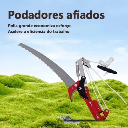 Tesoura e Serrote de Poda 2 em 1 com Corda de Nylon Retrátil para Galhos Altos, Árvores e Jardinagem