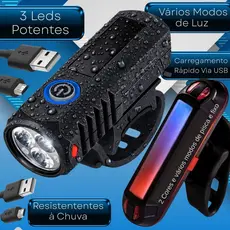 Kit Farol Bicicleta Bike LED USB Recarregavel Lanterna Sinalisador Traseiro Resistente à água
