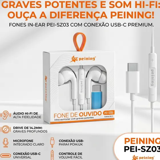 Fone de Ouvido com fio Tipo c  HiFi Com Microfone Controle de Volume Som Estéreo Intra Auricular USB-C