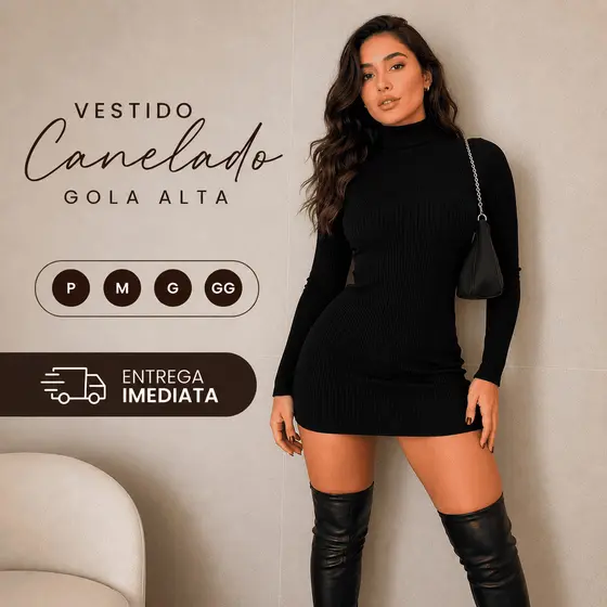 Vestido Gola Alta Com Manga Longa Canelado Anaruga Inverno Balada Moda Casual Blogueira