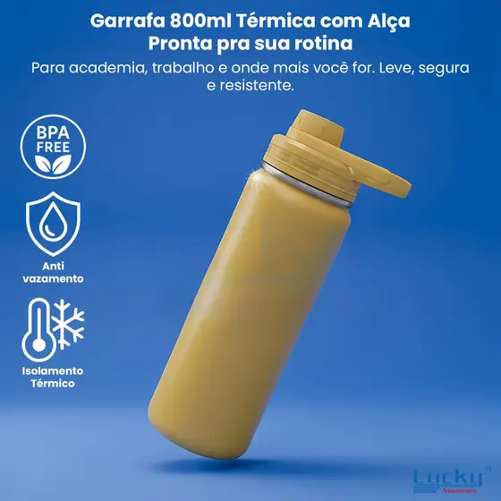 Garrafa Térmica Inox 800ml com Alça Vácuo Isolante Parede Dupla Academia Trabalho Esportiva