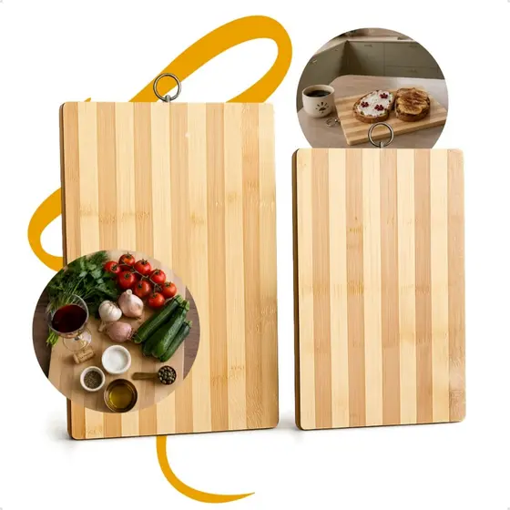 Kit Tábuas de Corte Bambu com Argola 20x30 e 24x34 cm para Carne Churrasco Cozinha