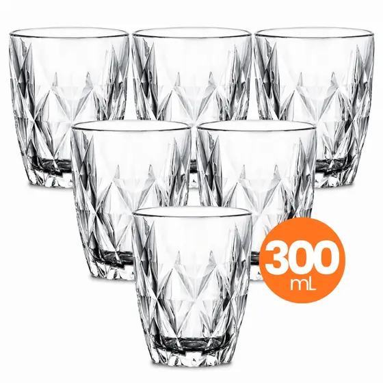 Jogo 6 Copo Vidro Diamond 300ml Conjunto Mesa Posta Água Suco Cozinha Decoração Presente