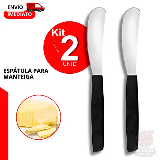 Kits - Espátula para Manteiga Aço Inox Cabo Preto Vermelho Geléia Requeijão Pão Café Cozinha