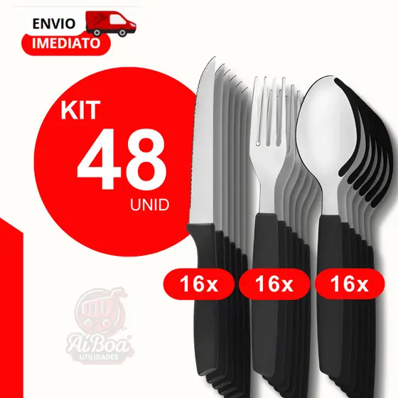 Kit 48 ou 24 Talheres Garfo Faca e Colher de Aço Inox de Cabo Preto para Refeição Bar Restaurantes e Uso Diário
