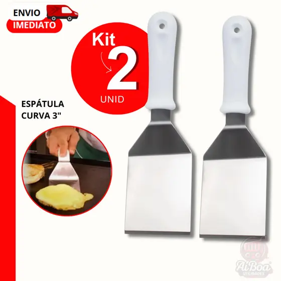 Kit 2 Espátula Curva 3" Inox com Cabo Plástico Versátil para Cozinha, Hamburgueria, Doces e Pizzas