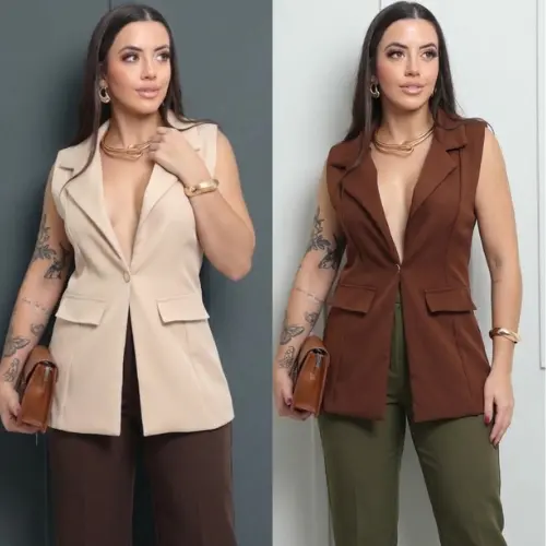 Colete Feminino Alfaiataria Elegante com Gola Social e Botão Forrado – Blazer Sem Manga Alongada do P ao G1 Pluz  size