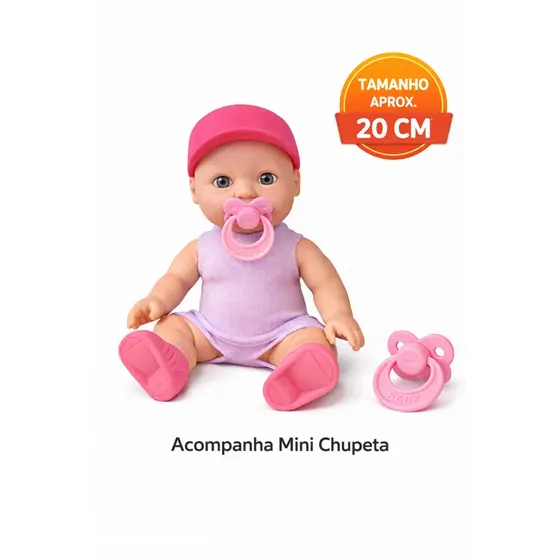 Bonequinha Elya roupa em tecido Lilas pequena Infantil 20cm com Chupeta | Boneca Menina Brinquedo