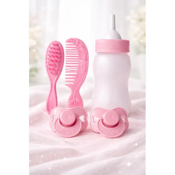 Kit Acessórios Boneca Reborn Rosa Coração Mamadeira 13cm /Pente /Escova 2 Chupetas Infantil