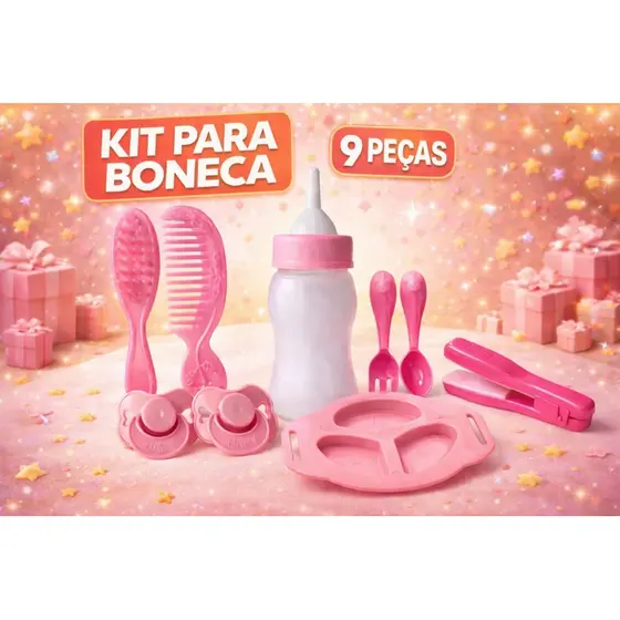 Kit Acessórios para Boneca Bebê Rosa 9 Itens | Mamadeira, Chupetas, Prato e Pente | Brinquedo Infantil