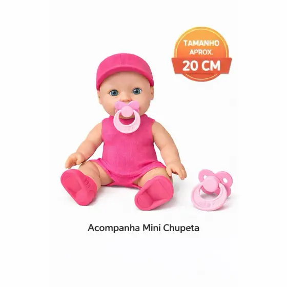 Bonequinha Elya Branca pequena  Roupa tecido rosa 20cm com Chupeta | Brinquedo