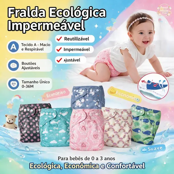 Fralda Ecológica Reutilizável Ajustável Para Bebês Impermeável Conforto E Sustentabilidade Crianças