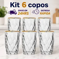 kit 6 Copo de Vidro com Borda Dourada 370ml Diamond Jogo com 6