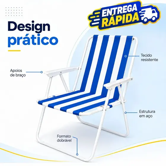 kit 2 Cadeiras De Praia Dobrável Reforçada Resistente Até 120kg Aço
