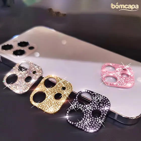 Luxury Metal Diamond Flash Camera Com Brilho Lens Protective Film Para iPhone 16 15 14 13 12 11 Pro Plus Max Mini M004