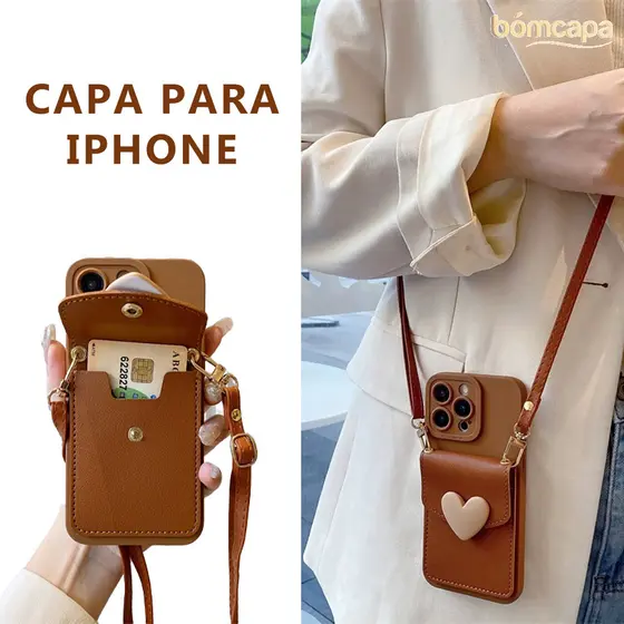 Capa Para iPhone 17 17E 16 16E 15 14 13 12 11 8 7 XR SE Plus Pro Max Capinha Porta-Cartões Cordão Anti Choque AXKB 8801