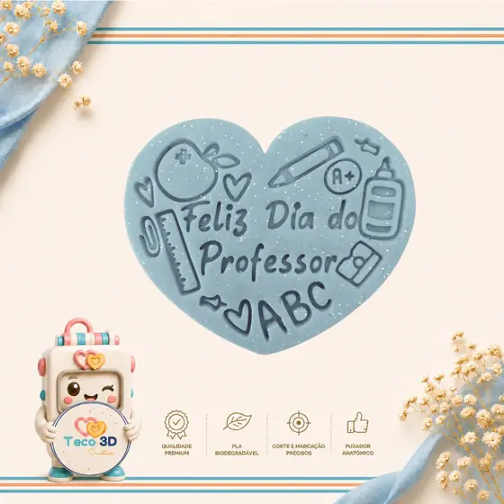CORTADOR DE BISCOITO DIA DOS PROFESSORES CORAÇÃO ESCOLAR 8 x 7 CM + CARIMBO COLA TESOURA ABC LÁPIS CONFEITARIA ARTESANAL