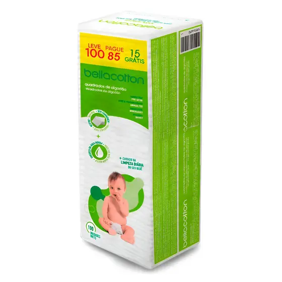 Algodão Quadrado Bebe Bellacotton Hidrófilo 100 Unidades