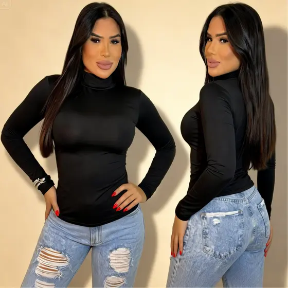 Blusa Feminina Cacharrel Gola Alta Manga Justa Casual Outono e Inverno
