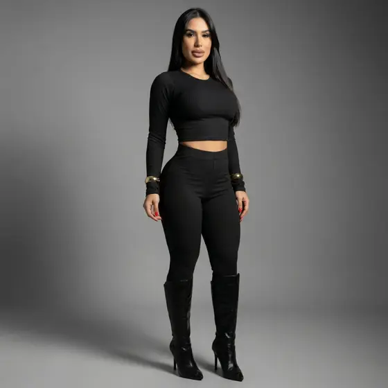 Conjunto Feminino Cropped Manga Longa Calça Legging Ajustada Moda Gringa