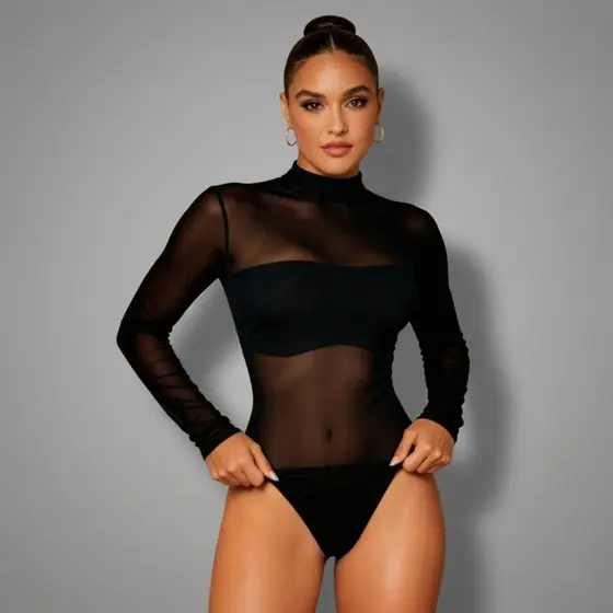 Body Feminino Tule Manga Longa Blusa Feminina Transparente Casual Festa Balada