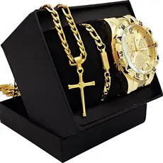 Kit Relógio Masculino Banhado a Ouro 18k Dourado Original Luxo + Corrente em Aço Banhada Masculina + Pulseira e Pingente