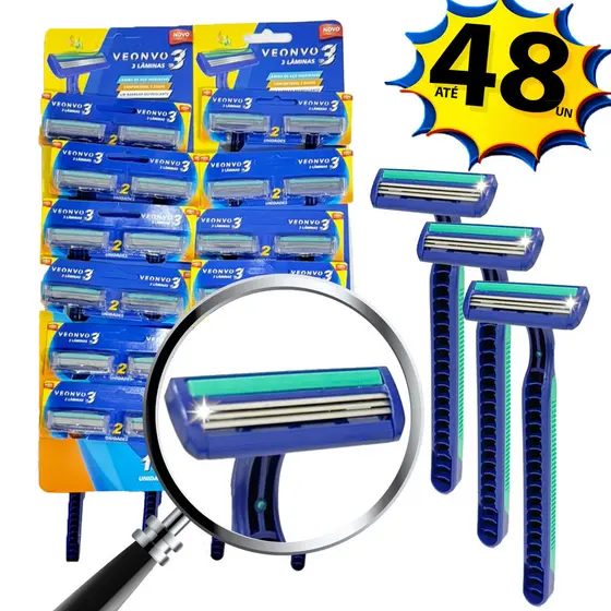 Barbeador Descartável com 3 Lâminas Veonvo VN003 – Cartela Econômica com 12 ou 24 Unidades