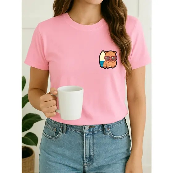 Camiseta Feminina Babylook Tshirt Capivara Prancha Surf Praia Mini Mar 100% Algodão