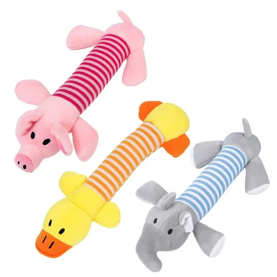 Kit 3 Brinquedo de Cachorro Pelúcia Mordedor Pet com Apito Som Interativo Elefante Pato Porco