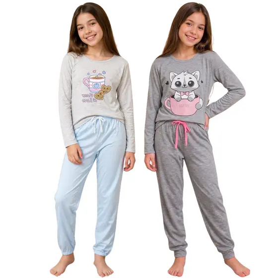 Pijamas Femininos Kit 2 Conjuntos De Dormir Infantil Menina Tecido Macio De Alta Qualidade