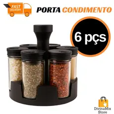 Porta Condimentos 6 Peças de Vidro com Suporte Giratório – Organização e Praticidade para Cozin