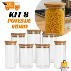 Kit 8 Potes de Vidro com Tampa de Bambu – Armazenar Temperos e Mantimentos na Cozinha com Estilo e Praticidade