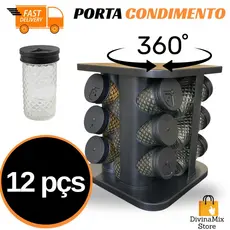 Porta Temperos 12 Potes de vidro com base Giratório Cozinha Organizada Ideal para Uso Doméstico e Profissional