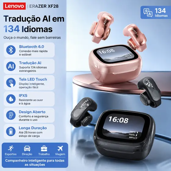 Lenovo ERAZER XF28 True Wireless Bluetooth Headset V6.0, função de tradução de suporte OWS TWS LED Touch Screen, fone de