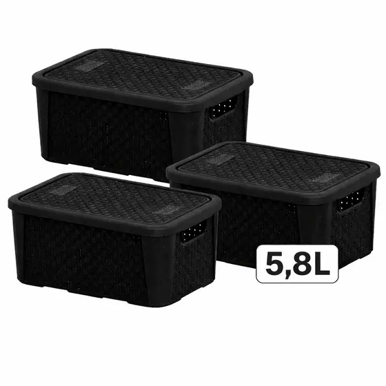 Kit Com 3 Caixas Organizadoras Preta Multiuso 5,8 Litros Empilhável Com Trava