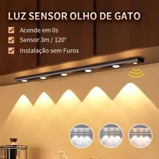 Luz de LED com Sensor para Armário 60cm Ultra Fina 3 Cores, Recarregável (Branco/Quente/Natural)