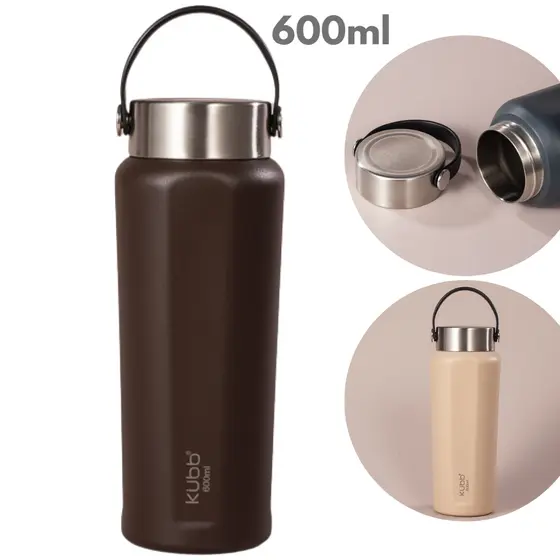 Garrafa Térmica Kubb 600ml 100% Inox Tampa Metálica Personalizada Quente Gelada Café Agua Parede Dupla com Isolamento