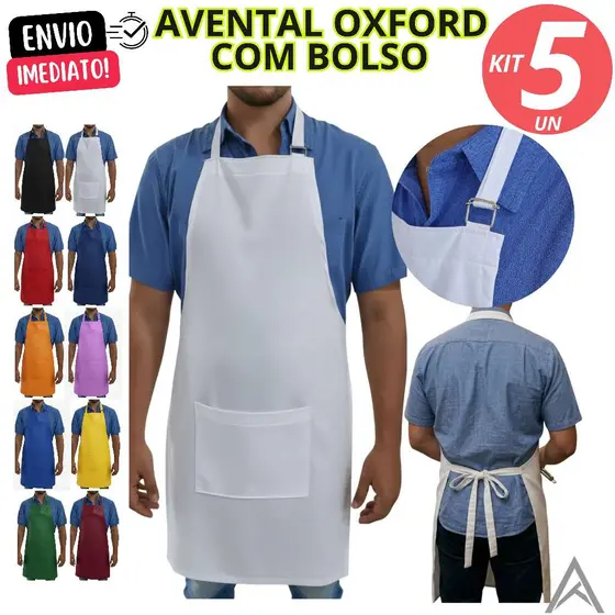 Kit 5 Avental Oxford Com Bolso Cozinha Garçom Restaurante Aventais Ajustavél Uniforme Pizzaria