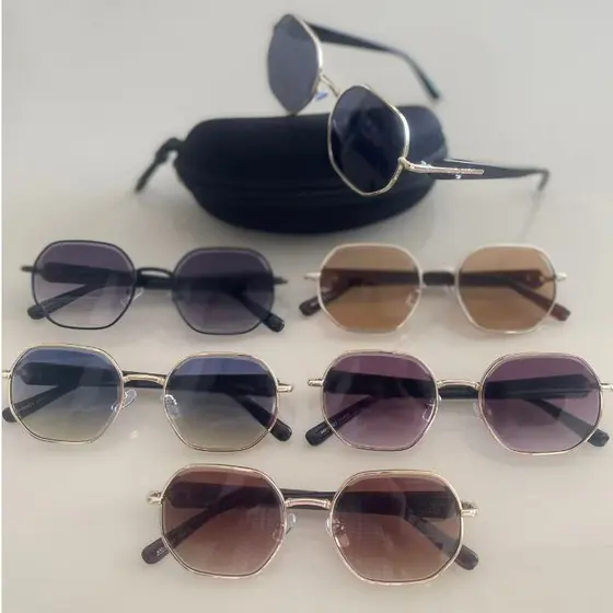 Óculos de Sol Feminino Retrô UV400 – Armação Metálica Fina, Lente Degradê, Com Estojo