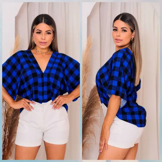 Blusa Feminina Xadrez Plus Size Moda Tendência Manga Morcego