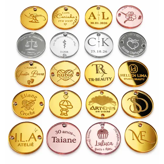 Tag Etiqueta Aplique 2 cm Acrílica Personalizada Nome ou logo| Crochê Lembrancinha Brinde e Casamento