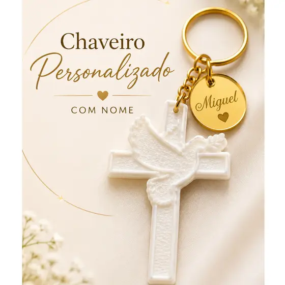 Chaveiro Lembrancinha Luxo para Batizado | Chaveiro Personalizado com Nome em Acrílico Espelhado