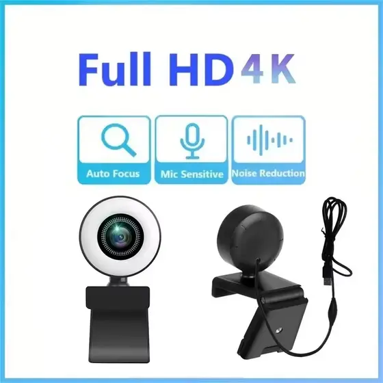 Webcam USB FHD 1080P Com Ring Light Anel De Luz De 3 Níveis , Foco Fixo , 360 ° Rotação , Plug and Play Para zoom/Stream
