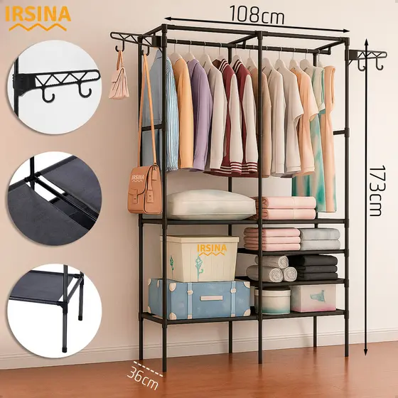 Closet Aberto Guarda Roupa Portatil 2 Divisórias Preto com 6 Prateleiras
